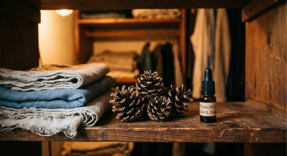 Natural pine cones infused with essential oil placed on a wooden closet shelf next to folded linens, serving as a natural insect deterrent.