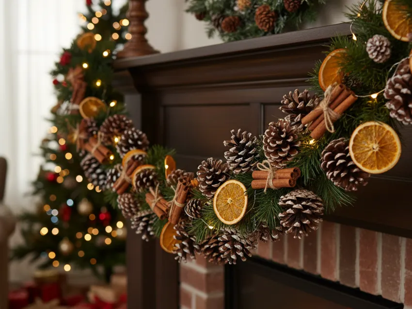 A beautiful DIY pine cone garland draped over a fireplace mantel, decorated with dried orange slices, cinnamon sticks, and evergreen sprigs.