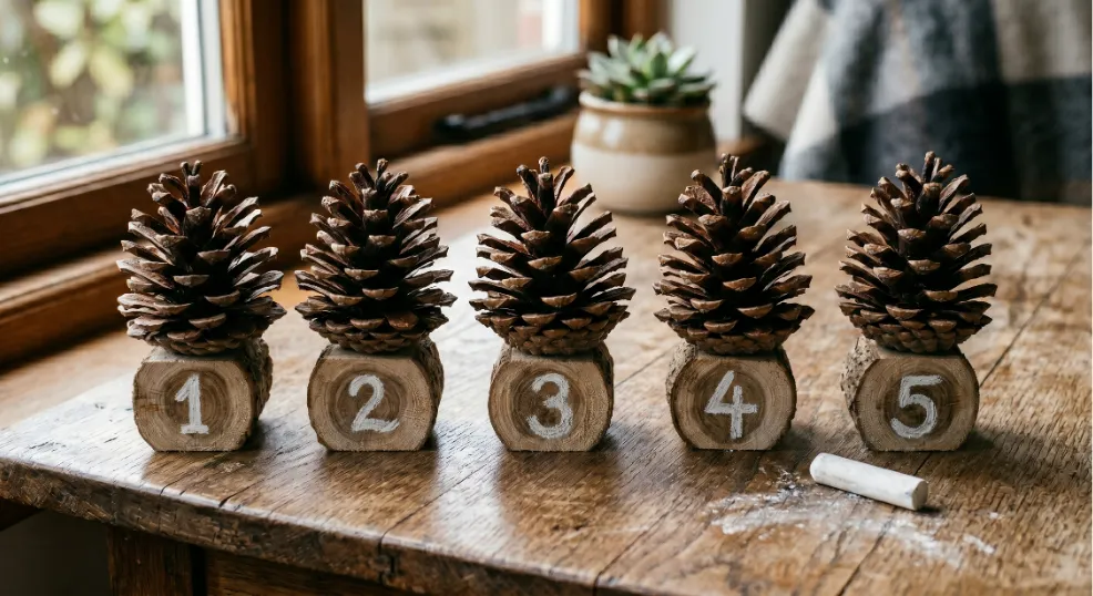 Natural pine cones with painted numbers used for a kids counting and math game on a rustic wooden table.