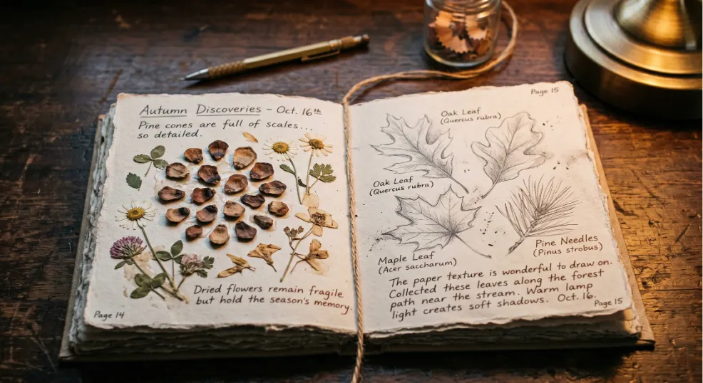 A homemade kids nature journal decorated with pine cone scales, pressed flowers, and sketches on a wooden desk.