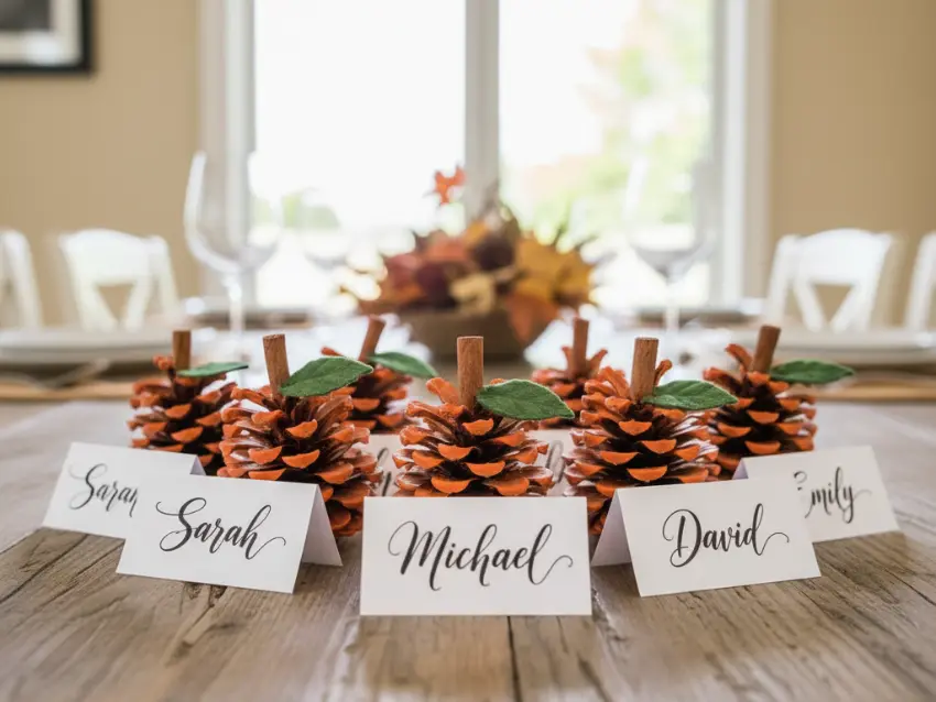 DIY pine cone pumpkins, painted orange with cinnamon stick stems, used as festive place card holders for a Thanksgiving autumn crafts table setting.