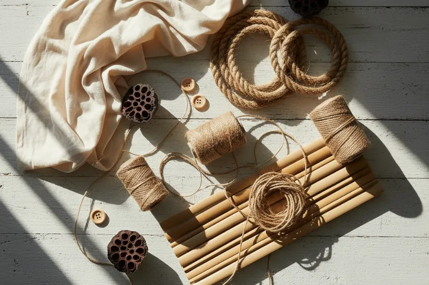A flat lay of natural, plant-based fibers for eco-friendly crafts, including jute twine, hemp rope, and organic cotton fabric on a wooden surface.