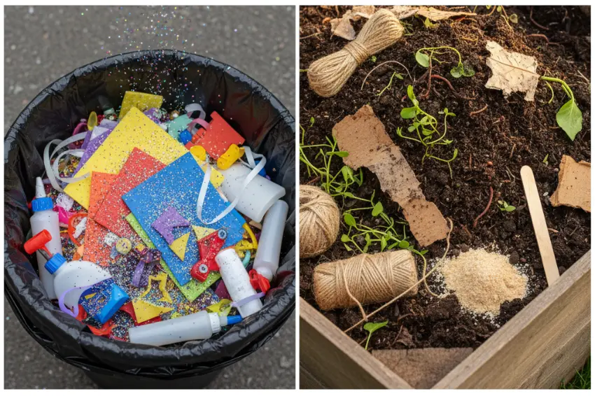 A split image contrasting non-biodegradable craft waste, like plastic and glitter in a trash can, with biodegradable craft supplies like jute and cardboard returning to the earth in a compost bin.