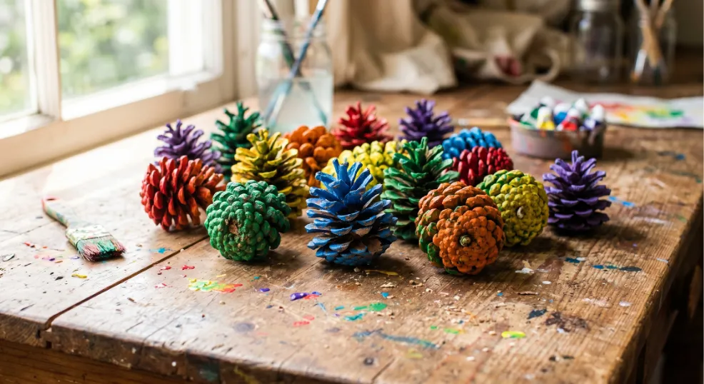 Brightly colored rainbow painted pine cones scattered on a wooden craft table.