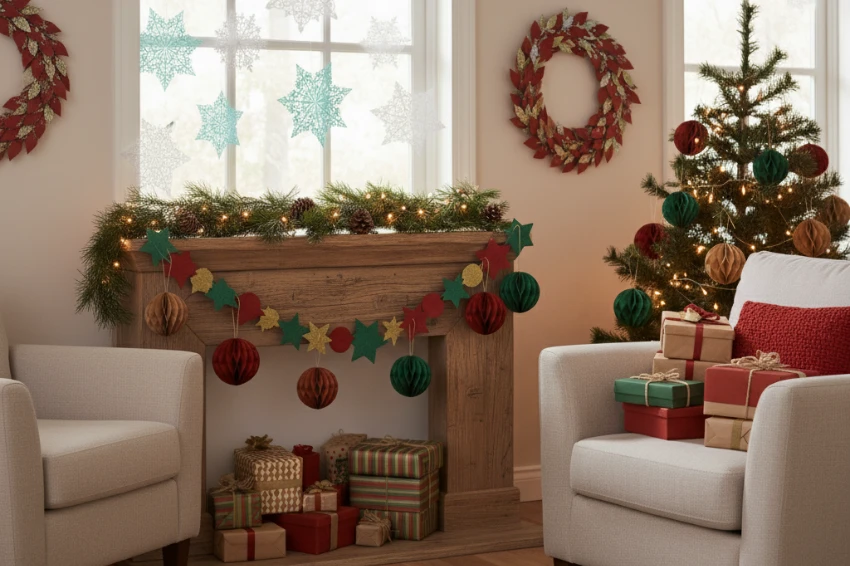 A festive living room showcasing holiday crafts made from recycled cardstock, including a paper garland, wreath, and snowflake decorations