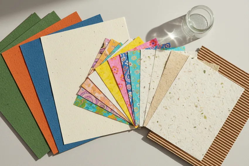 A display showing different types of recycled paper for craft projects, from solid-colored cardstock to patterned and textured handmade sheets