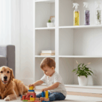 A child and a golden retriever playing on a floor, demonstrating the importance of a safety guide for homemade DIY cleaners stored on a nearby shelf.