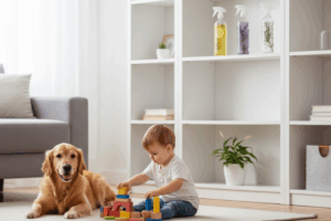 A child and a golden retriever playing on a floor, demonstrating the importance of a safety guide for homemade DIY cleaners stored on a nearby shelf.