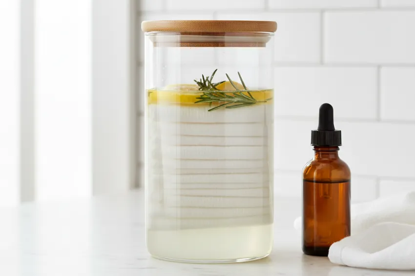 A glass container of homemade reusable DIY cleaning wipes soaking in a natural lemon and rosemary solution, a powerful recipe for kitchen and bathroom surfaces.