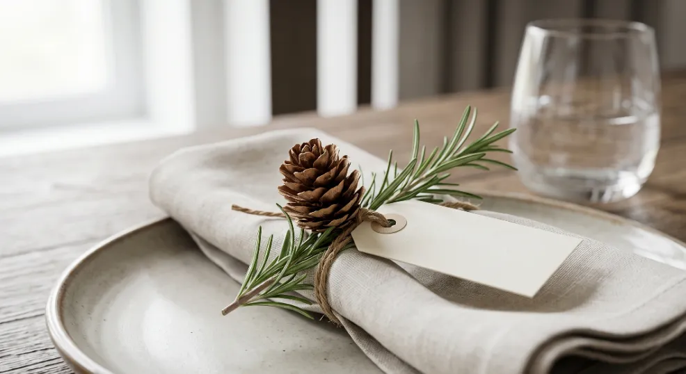 A close-up photograph of a single, rustic fall place setting on a weathered wood table in soft daylight. The setting features a cream ceramic plate with a folded cream linen napkin. Tied to the napkin with jute twine is a small natural pine cone, a fresh sprig of rosemary, and a blank paper label tag. A blurred glass is in the background.