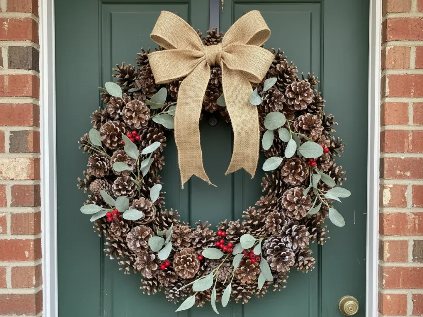 A beautiful DIY rustic pine cone wreath, decorated with red berries, eucalyptus, and a large burlap bow, hanging on a green front door.