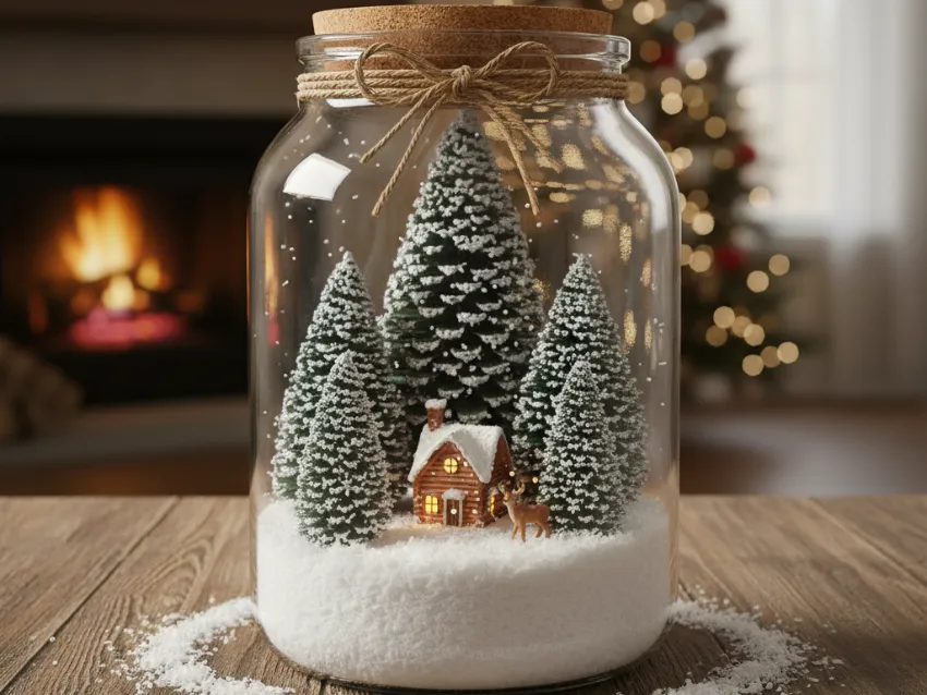 A stunning DIY snow globe scene in a jar, featuring miniature snow-covered pine trees, a tiny cabin, and a deer, all arranged on a bed of artificial snow.