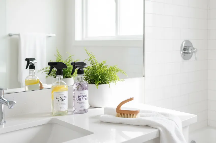 Two spray bottles of homemade DIY bathroom cleaners—an all-purpose citrus cleaner and a lavender glass cleaner—on a white vanity in a bright bathroom.
