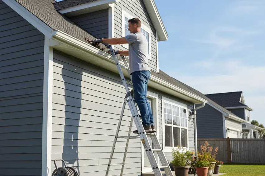 A man on a ladder performing essential spring home maintenance by cleaning leaves and debris out of the house gutters.