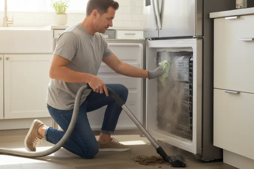 A man performing summer home maintenance by inspecting and cleaning the dusty coils of a refrigerator with a vacuum to keep it working efficiently.