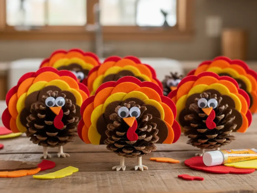 A group of adorable DIY turkey pine cones, crafted with colorful felt feathers and googly eyes, sitting on a wooden table as a fun Thanksgiving decoration.