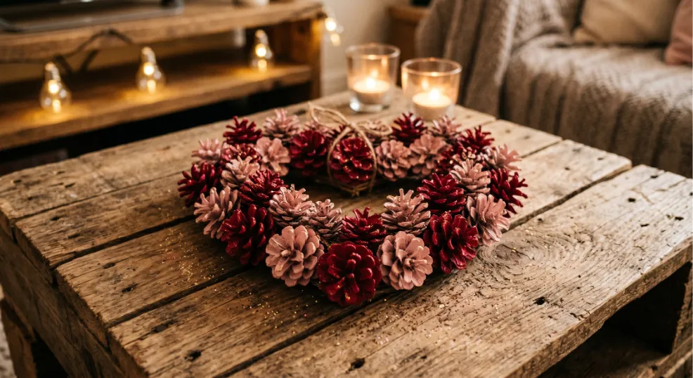 A heart shaped wreath made of red and pink glittered pine cones resting on a rustic reclaimed pallet wood table illuminated by candlelight.