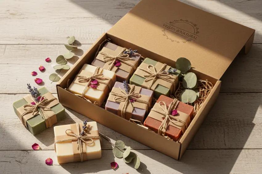A beautifully curated gift set of assorted artisan natural moisturizing soaps, tied with twine and natural accents, perfect for a soap collector.