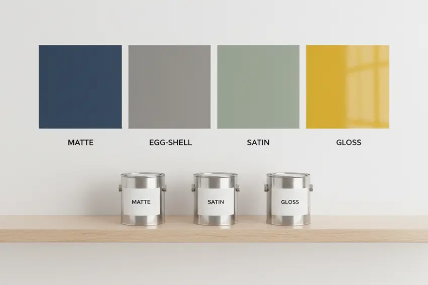 A comparison of interior wall paint types, showing swatches of matte, egg-shell, satin, and gloss finishes on a wall above their respective cans.