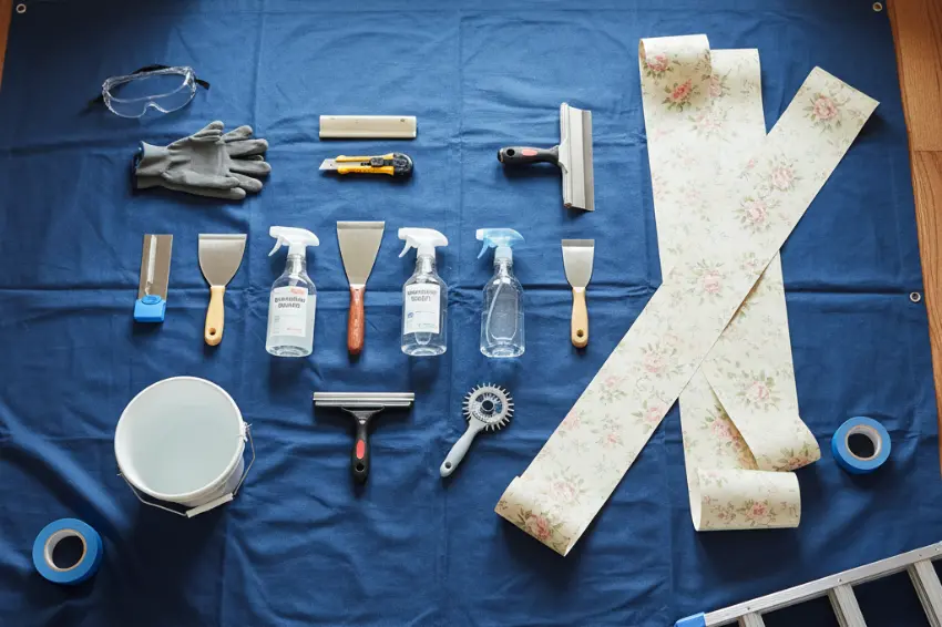 An overhead shot of all the tools needed for wallpaper removal laid out on a blue tarp, demonstrating how to get your space ready for the project