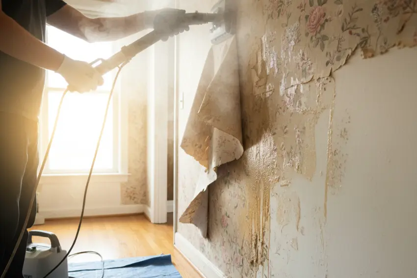 A person using a wallpaper steamer to remove stubborn, old wallpaper, demonstrating the steaming method as a professional DIY technique.
