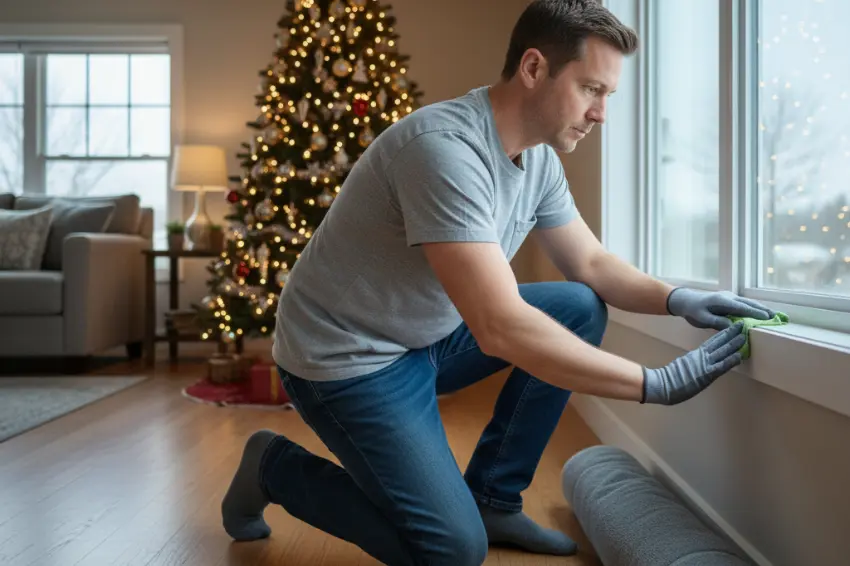 A man performing winter home maintenance by checking a window for drafts, an essential indoor safety check to prevent heat loss.