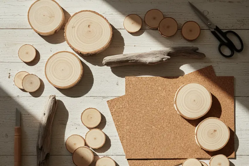 A flat lay of natural wood and wood products for eco-friendly crafts, including various wood slices, cork sheets, and pieces of driftwood.