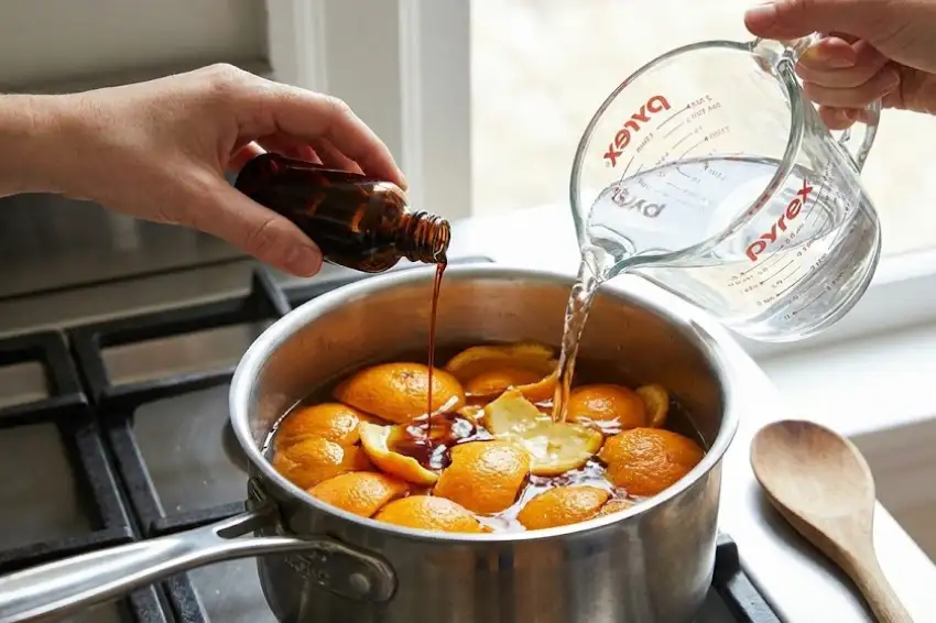 Hands pouring water and adding vanilla extract to a stainless steel pot filled with orange peels to create a DIY natural air freshener.