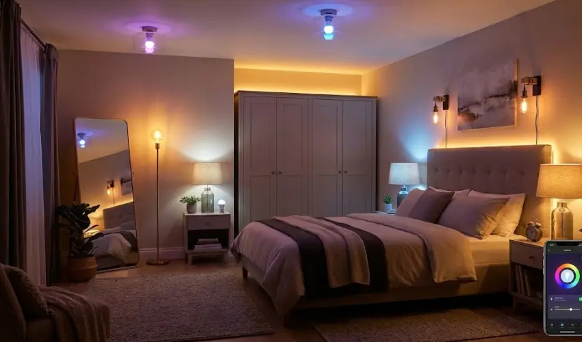 luxury bedroom lighting setup under $150 featuring smart color-changing bulbs, warm LED strips behind the headboard and wardrobe, and plug-in sconces, all controlled by a smartphone app.