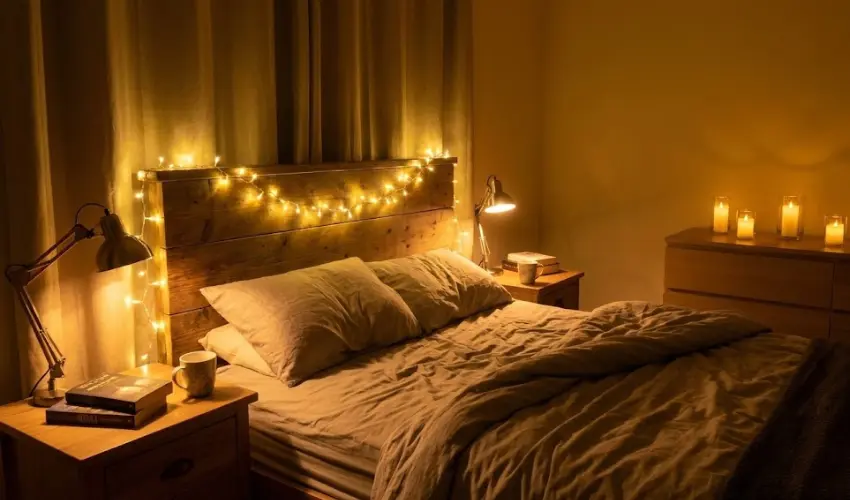 A cozy bedroom lighting setup featuring warm fairy lights draped over a wooden headboard, flanked by bedside lamps and candles for a budget-friendly glow.