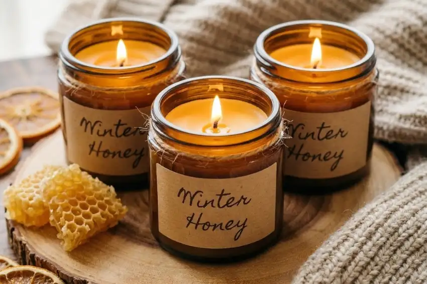 Three handmade beeswax and soy blend candles in amber glass jars labeled "Winter Honey," styled with honeycomb and dried oranges for a cozy holiday look.