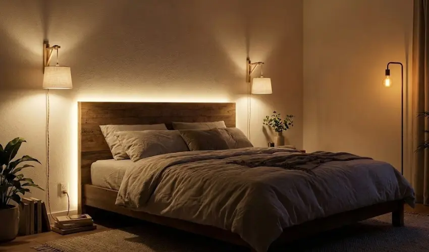 A cozy bedroom lighting setup under $100 featuring two plug-in wall sconces above the bed and a warm LED strip light glowing behind the wooden headboard.