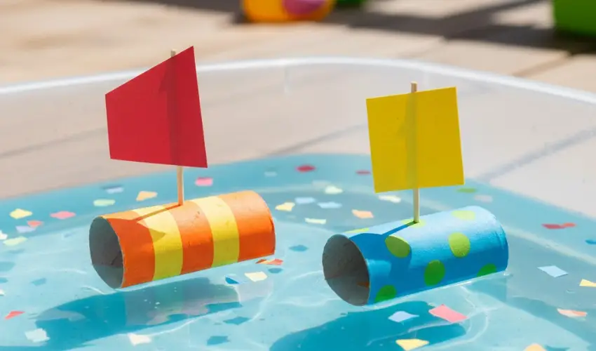 Two handmade speedy boat racers crafted from toilet paper rolls—one orange striped and one blue polka-dotted—floating in a tub of water with paper sails.