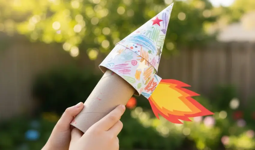 A child holding a handmade rocket craft made from a toilet paper roll, featuring a paper cone decorated with crayon stars and paper flames, set against a sunny garden background.