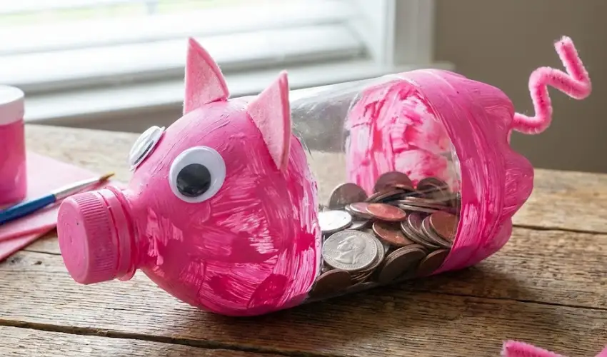 A classic pink piggy bank made from a recycled plastic bottle, featuring googly eyes, felt ears, and a pipe cleaner tail, filled with coins.
