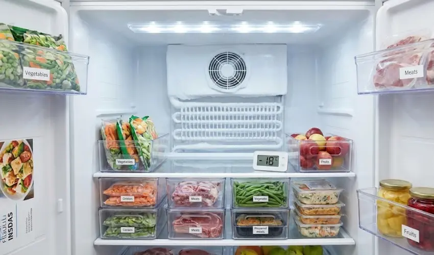 An organized power strip with a glowing red switch under a media console, connecting multiple devices for an easy group shutoff to save energy.