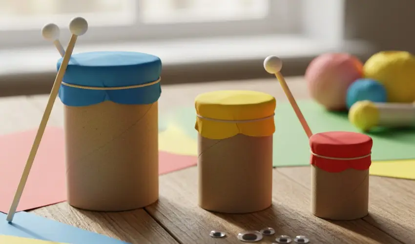 A set of three handmade cardboard drums made from upcycled toilet paper rolls with colorful blue, yellow, and red balloon tops, displayed with wooden drumsticks.
