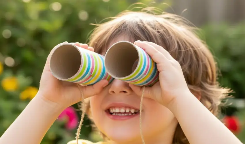 A happy child looking through handmade binoculars crafted from two toilet paper rolls wrapped in colorful striped tape and attached with twine string.