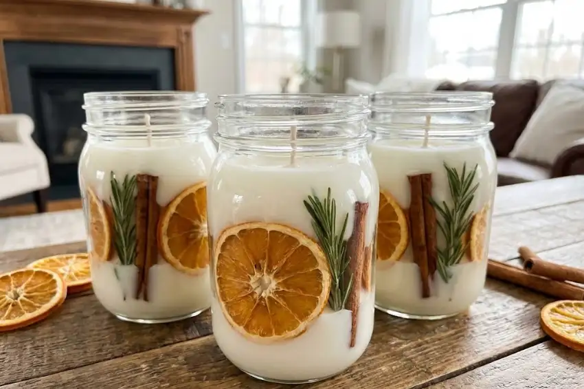 A collection of handmade clear jar candles filled with white wax, featuring dried orange slices and herbs embedded against the glass, arranged on a wooden table.