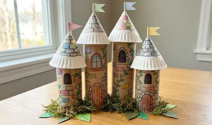 Here are the optimized SEO attributes for your image:
File Name: diy-toilet-paper-roll-fairy-tale-castle.jpg
Alt Text: A magical DIY fairy tale castle made from four upcycled toilet paper rolls, decorated with drawn-on stone walls, vines, and paper cone roofs with flags.