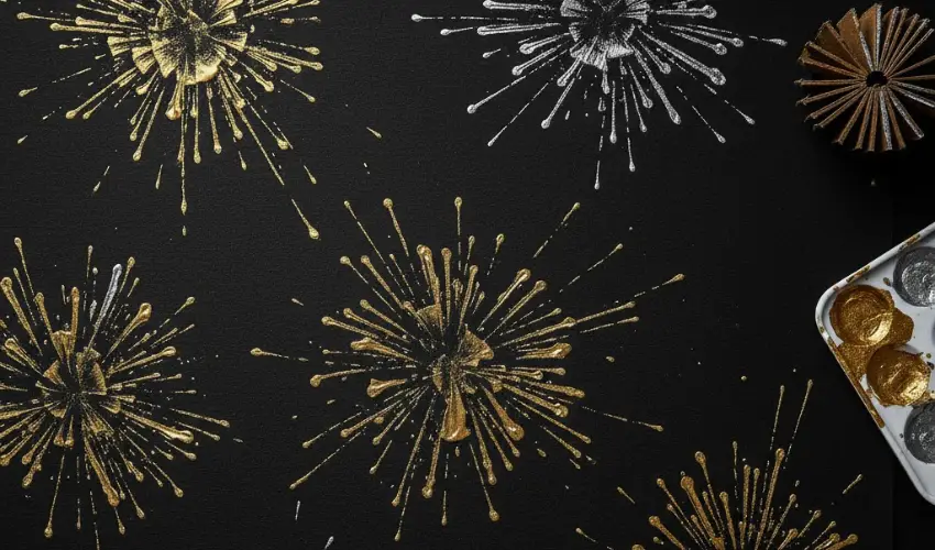 Festive gold and silver firework patterns stamped onto black paper using a fringed toilet paper roll dipped in metallic paint.