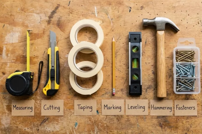 An organized flat lay of basic DIY supplies for scrap wood projects on a wooden workbench, including a hammer, level, tape measure, and screws, all clearly labeled.