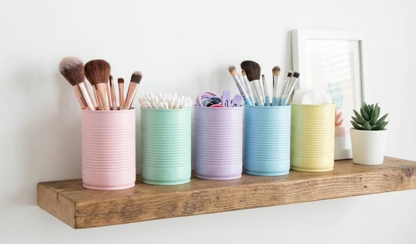 A floating wooden shelf holding pastel-painted tin cans organized with makeup brushes, cotton swabs, and hair accessories for bathroom storage.