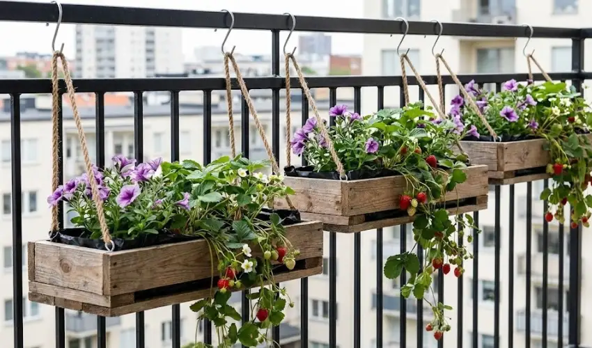 A trio of rustic DIY hanging pallet planters suspended from a black metal balcony railing with rope and S-hooks, filled with blooming purple petunias and strawberries.