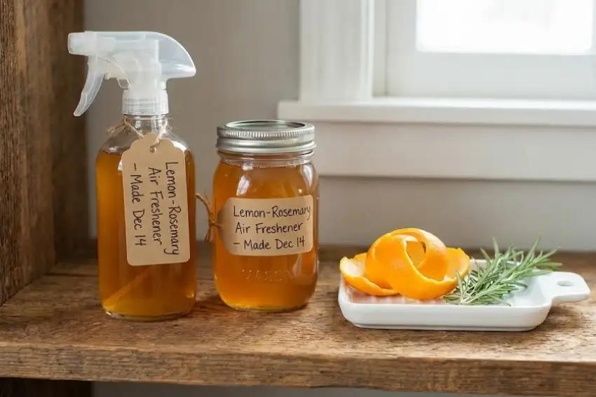 A glass spray bottle and mason jar filled with homemade natural air freshener, featuring handwritten labels with the date, sitting on a wooden shelf next to orange peels.