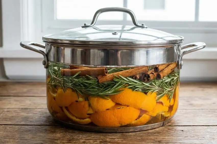 A stainless steel pot filled with water and layered with natural air freshener ingredients, including orange peels, fresh rosemary, and cinnamon sticks.