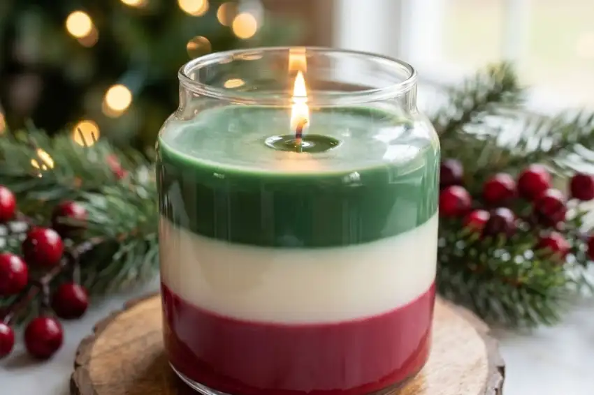 A beautiful DIY layered scented Christmas candle with green, white, and red wax layers, lit and sitting on a wood slice amidst festive decor.