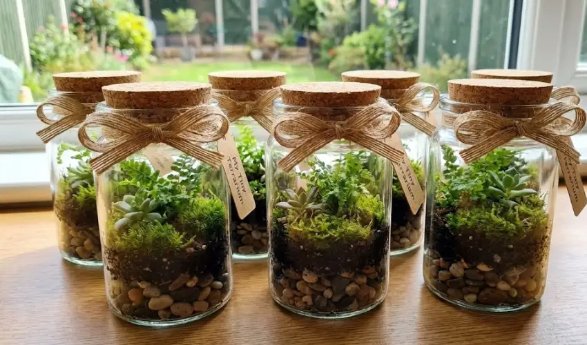 A set of adorable DIY mini terrarium jars, featuring layers of pebbles, soil, moss, and tiny succulents, topped with corks and jute bows as eco-friendly party favors.