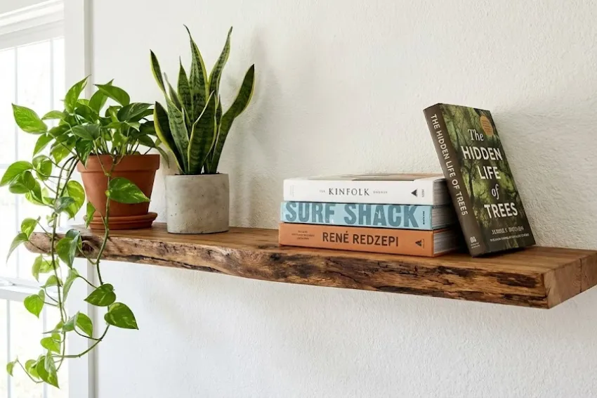 A stunning rustic floating shelf made from scrap wood, featuring a live edge and styled with potted plants and books against a white wall.