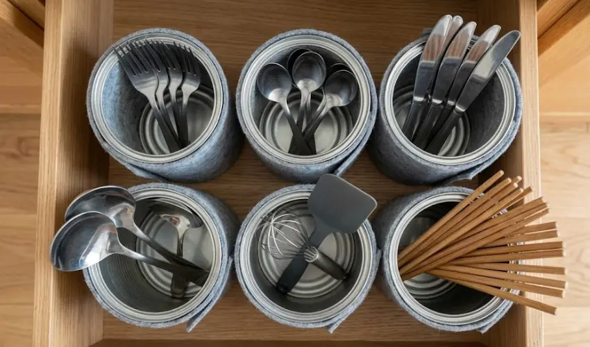 A kitchen drawer neatly organized with felt-wrapped tin cans serving as modular dividers for forks, spoons, knives, and chopsticks.